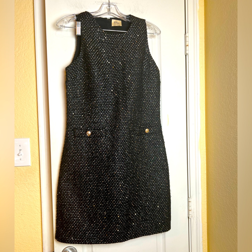 Ellie Tahari Black Sleeveless Tweed Sequin Metallic Dress Size 4